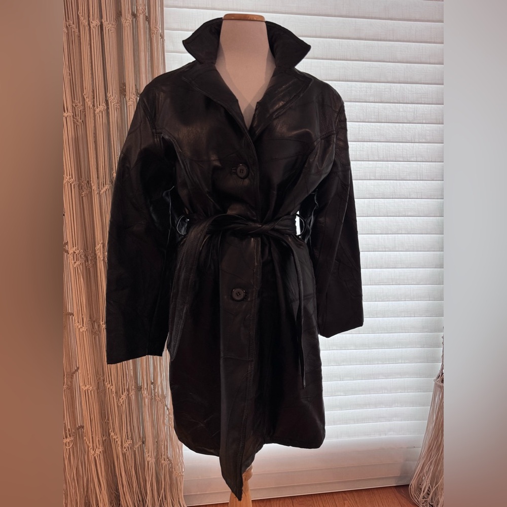 Vintage Black Genuine Leather Belted Trench Coat Quilted Patchwork 90s